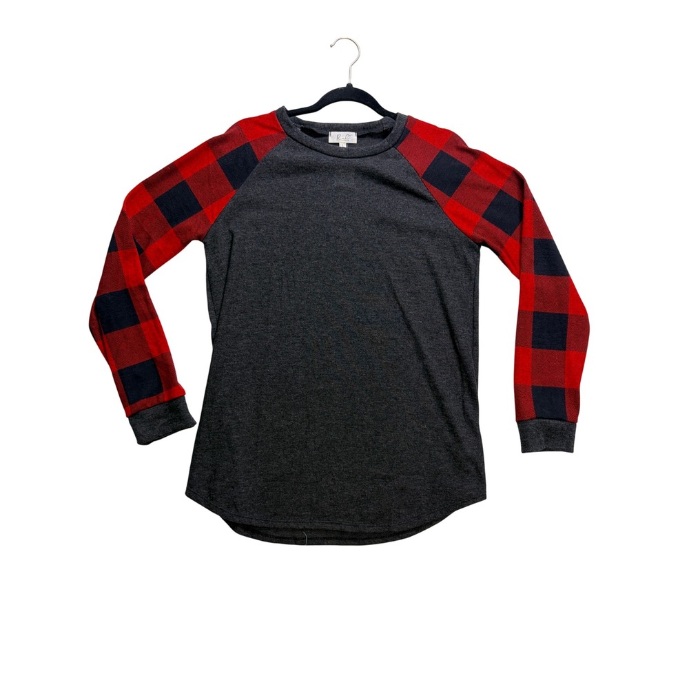Riah Fashion Raglan Top Women Large Gray Red Buffalo Plaid Long Sleeve Shirt